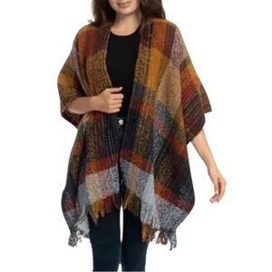 Vince Camuto Colorful Plaid Fringe Shawl Cardigan Wrap Poncho